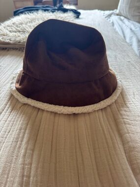 Brown Faux-Suede Bucket Hat with Sherpa Trim
